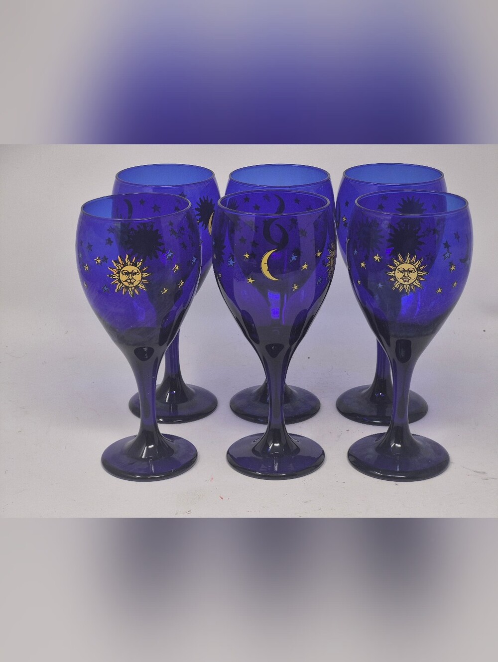 Libbey Celestial Sun Moon and Star Cobalt Blue Vintage Wine Glasses Set of 6